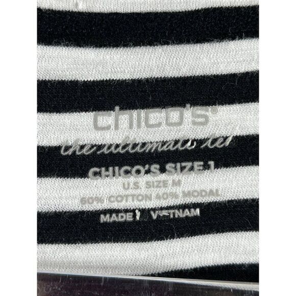 Chico's Ultimate Tee Modal Blend Slub High Low Striped Top Size 1 Medium B&W - Picture 9 of 12
